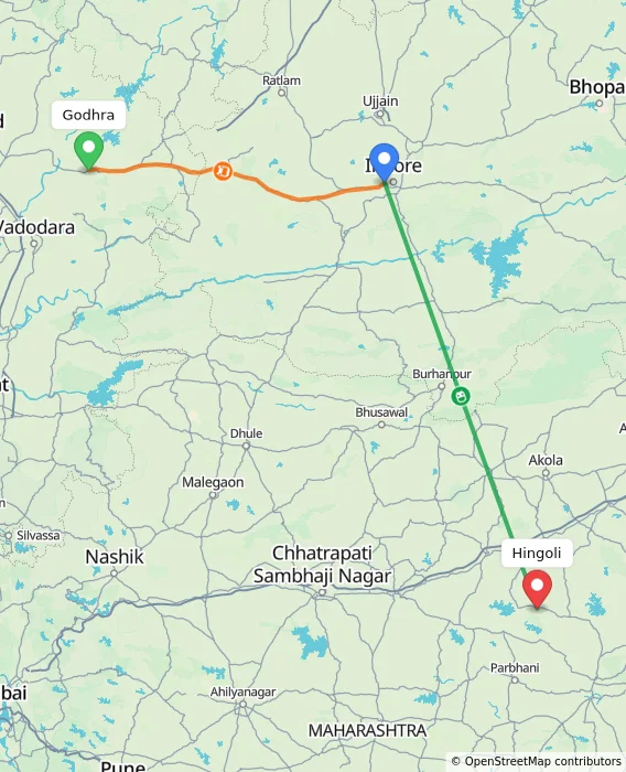 Route map showing distance and travel time from Godhra, India to Hingoli, India