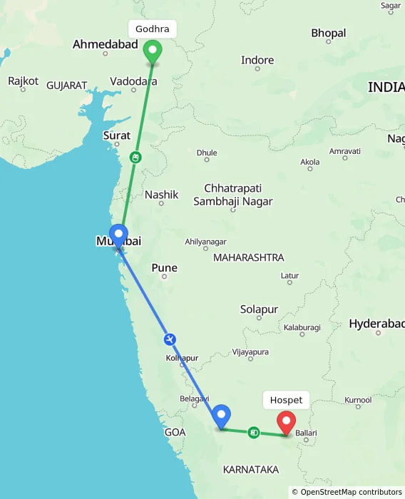 Route map showing distance and travel time from Godhra, India to Hospet, India