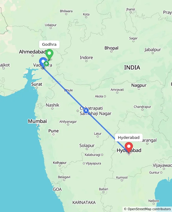 Route map showing distance and travel time from Godhra, India to Hyderabad, India