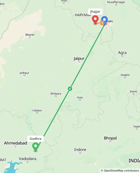 Route map showing distance and travel time from Godhra, India to Jhajjar, India
