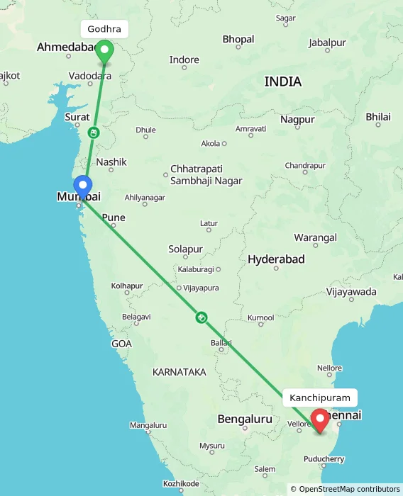 Route map showing distance and travel time from Godhra, India to Kanchipuram, India
