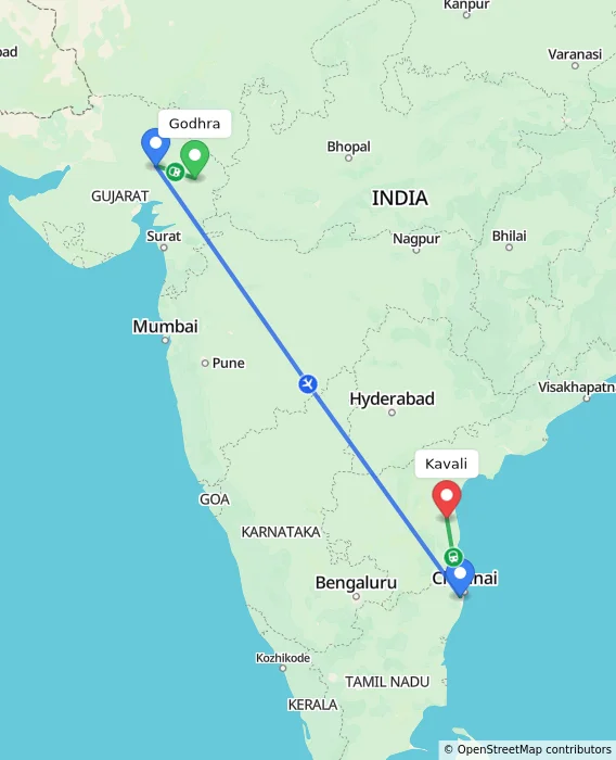Route map showing distance and travel time from Godhra, India to Kavali, India