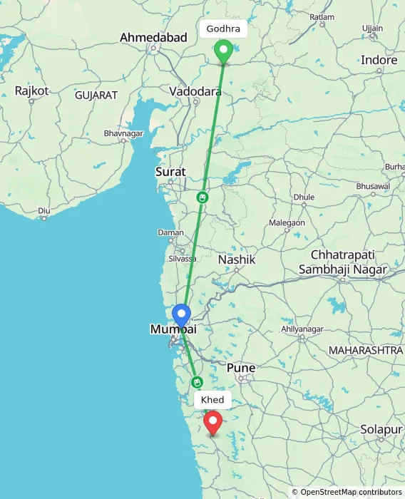 Route map showing distance and travel time from Godhra, India to Khed, India