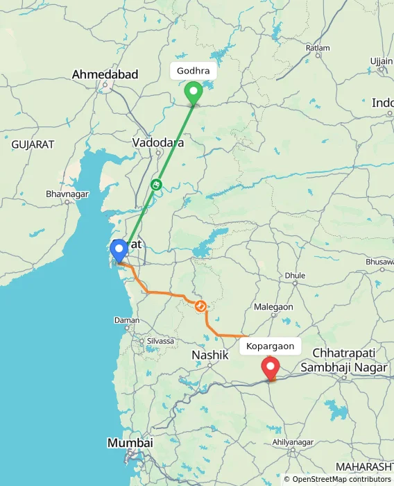 Route map showing distance and travel time from Godhra, India to Kopargaon, India