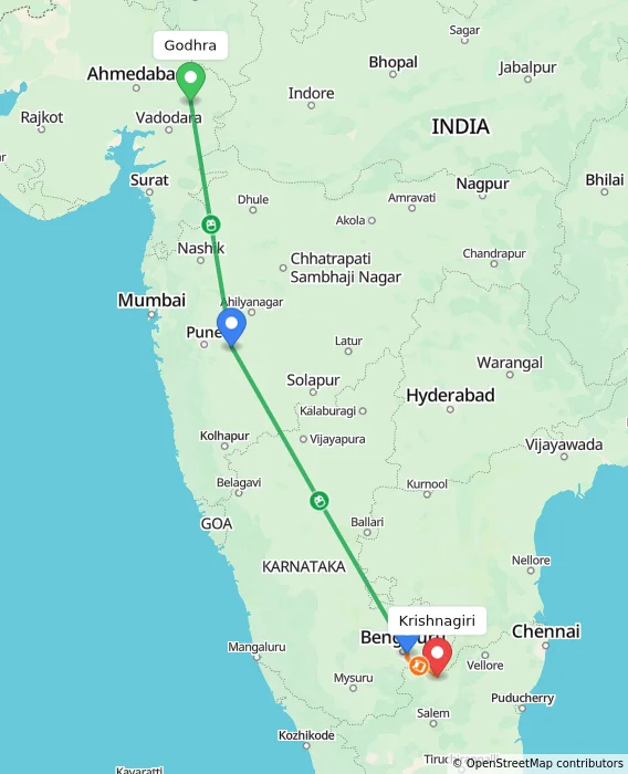 Route map showing distance and travel time from Godhra, India to Krishnagiri, India
