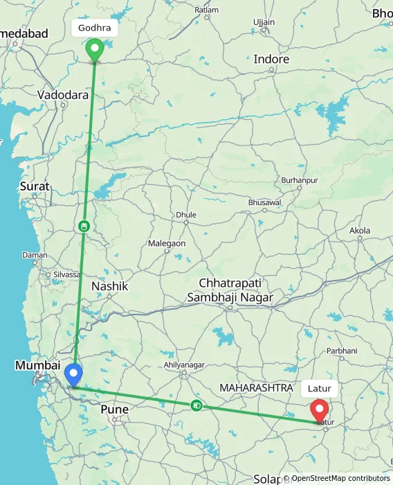 Route map showing distance and travel time from Godhra, India to Latur, India