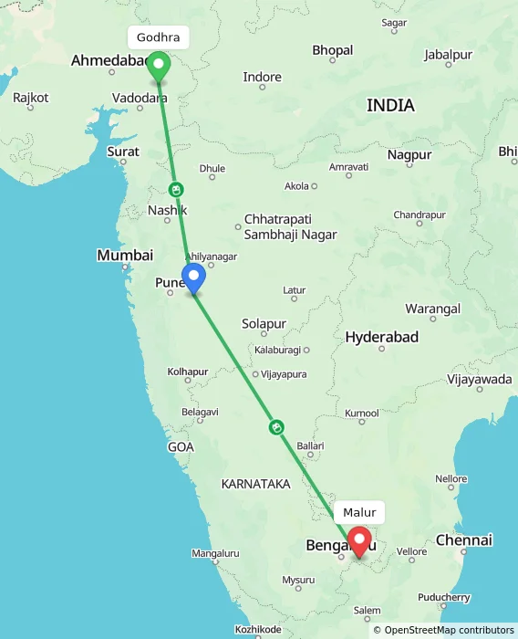 Route map showing distance and travel time from Godhra, India to Malur, India