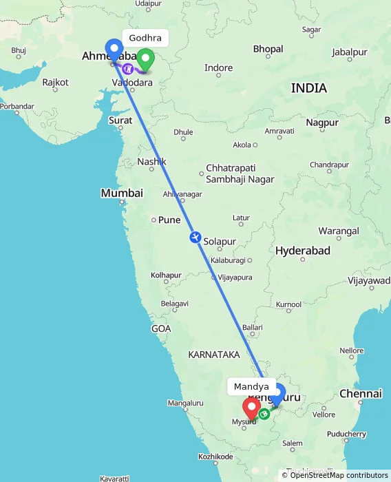 Route map showing distance and travel time from Godhra, India to Mandya, India