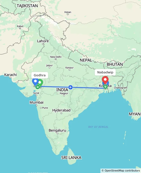 Route map showing distance and travel time from Godhra, India to Nabadwip, India