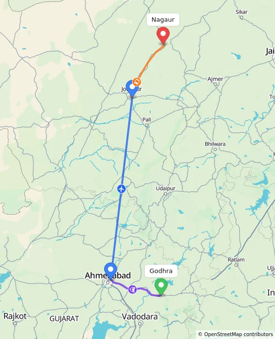 Route map showing distance and travel time from Godhra, India to Nagaur, India