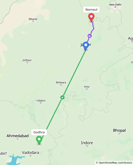 Route map showing distance and travel time from Godhra, India to Narnaul, India