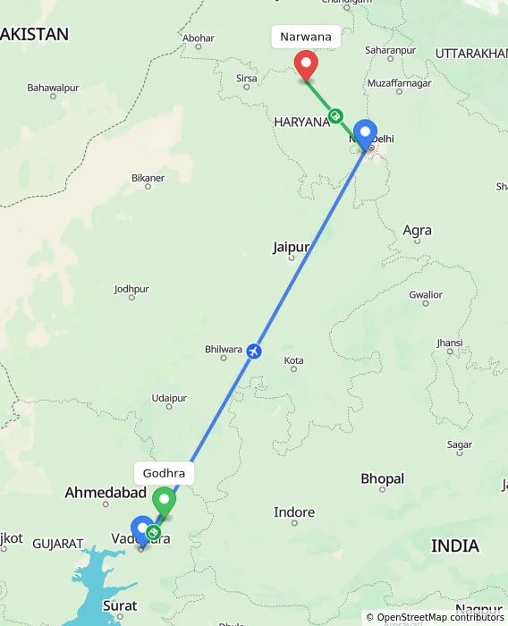 Route map showing distance and travel time from Godhra, India to Narwana, India