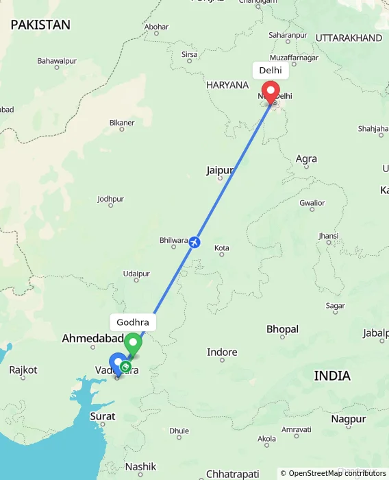 Route map showing distance and travel time from Godhra, India to Delhi, India