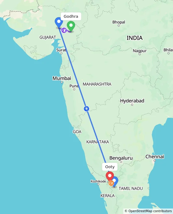 Route map showing distance and travel time from Godhra, India to Ooty, India