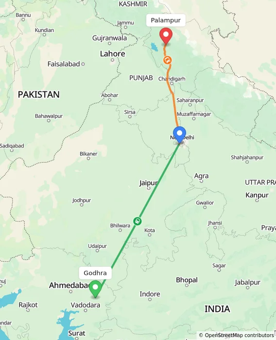 Route map showing distance and travel time from Godhra, India to Palampur, India
