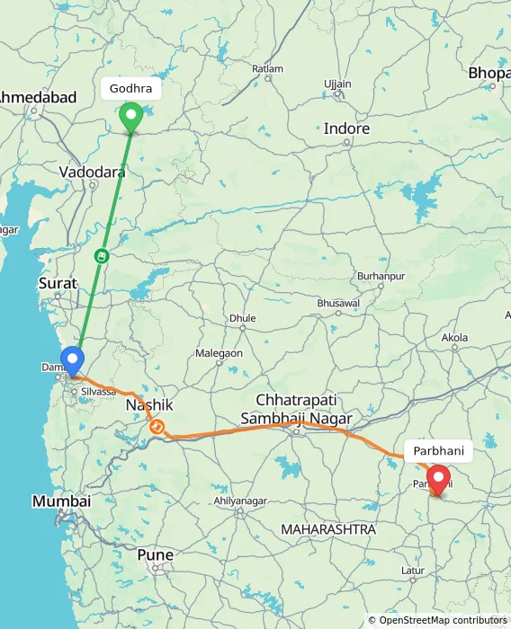 Route map showing distance and travel time from Godhra, India to Parbhani, India