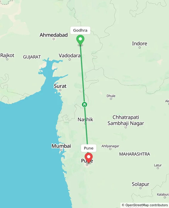 Route map showing distance and travel time from Godhra, India to Pune, India