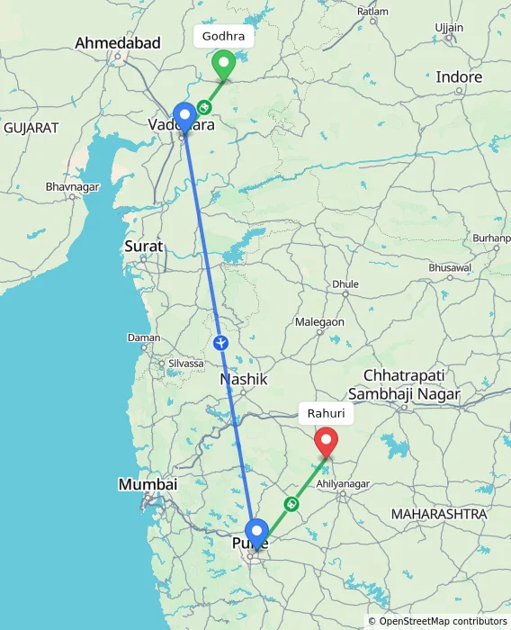 Route map showing distance and travel time from Godhra, India to Rahuri, India