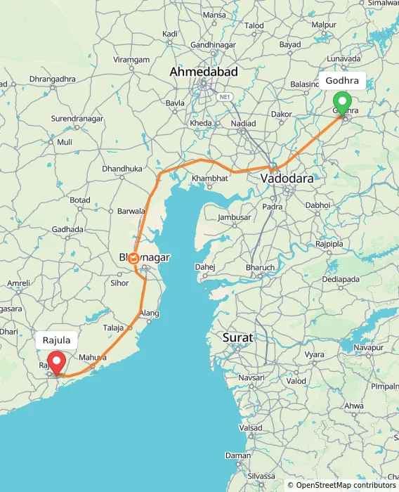 Route map showing distance and travel time from Godhra, India to Rajula, India