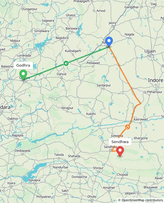 Route map showing distance and travel time from Godhra, India to Sendhwa, India