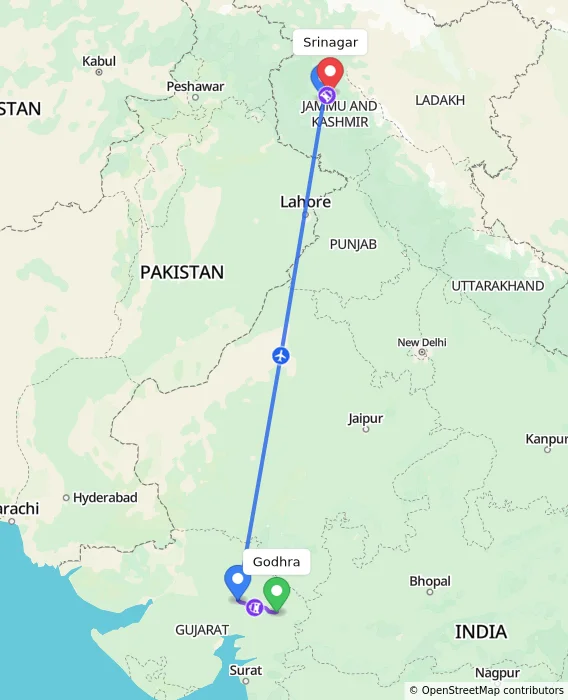 Route map showing distance and travel time from Godhra, India to Srinagar, India