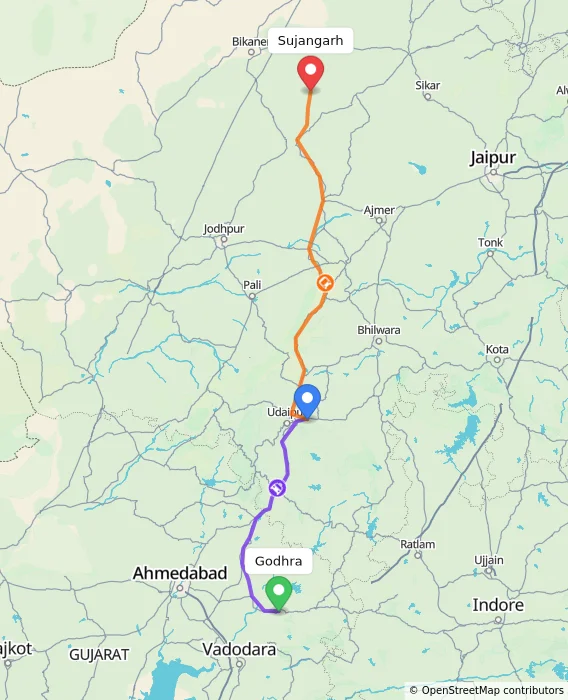 Route map showing distance and travel time from Godhra, India to Sujangarh, India