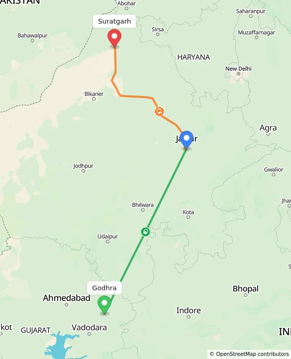 Route map showing distance and travel time from Godhra, India to Suratgarh, India