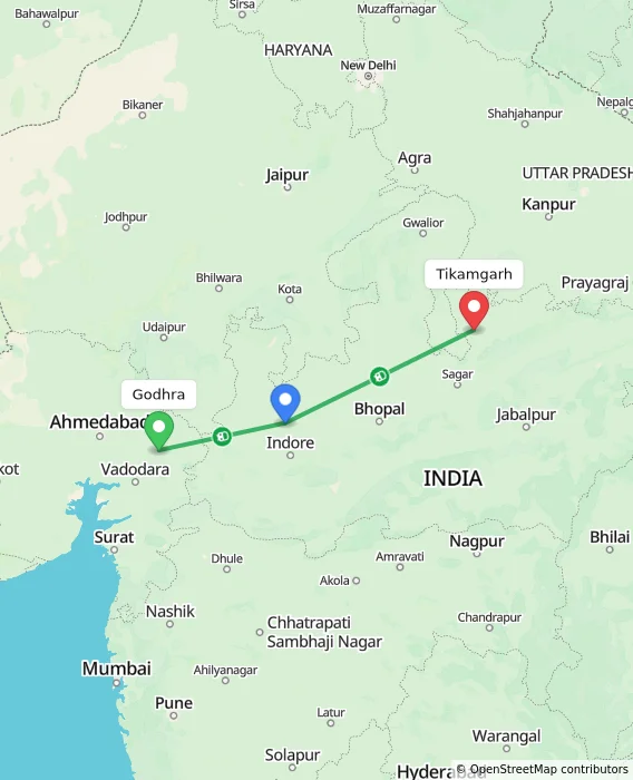 Route map showing distance and travel time from Godhra, India to Tikamgarh, India