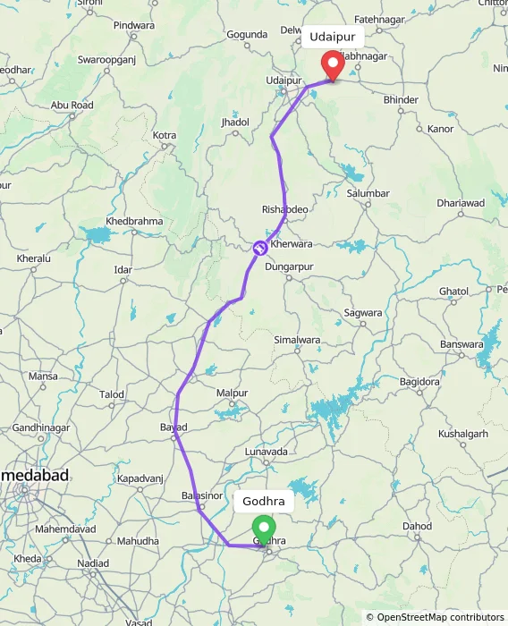 Route map showing distance and travel time from Godhra, India to Udaipur, India