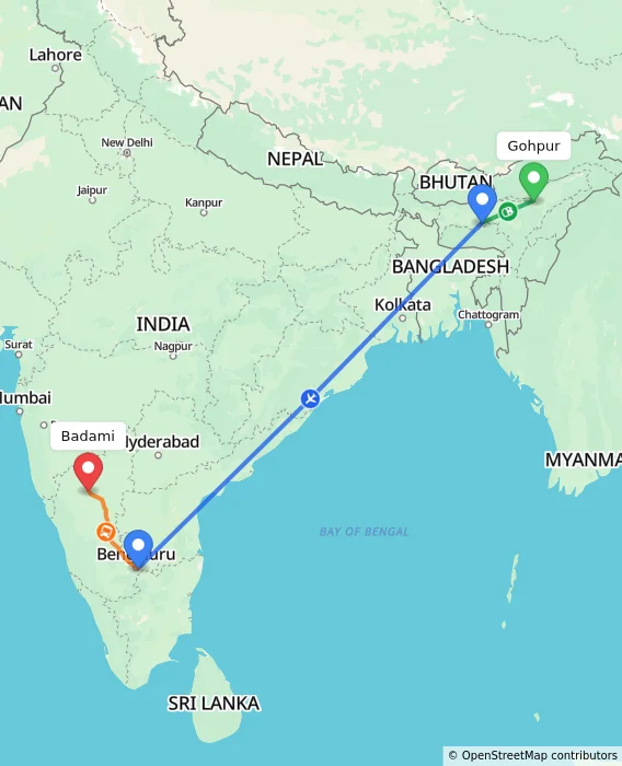 Route map showing distance and travel time from Gohpur, India to Badami, India