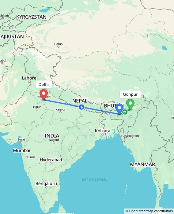 Route map showing distance and travel time from Gohpur, India to Delhi, India