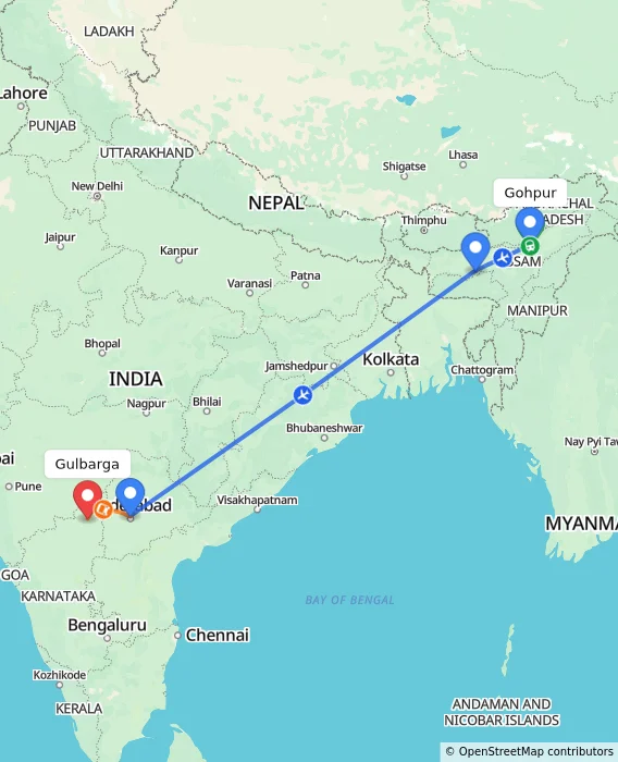 Route map showing distance and travel time from Gohpur, India to Gulbarga, India