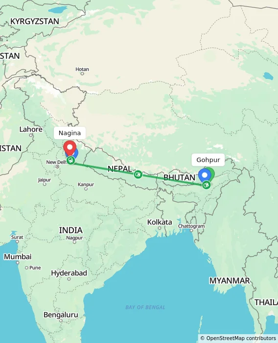 Route map showing distance and travel time from Gohpur, India to Nagina, India