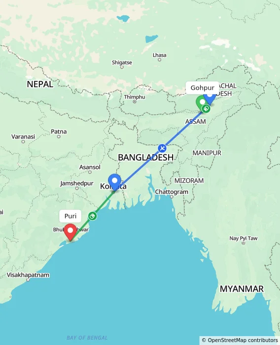 Route map showing distance and travel time from Gohpur, India to Puri, India