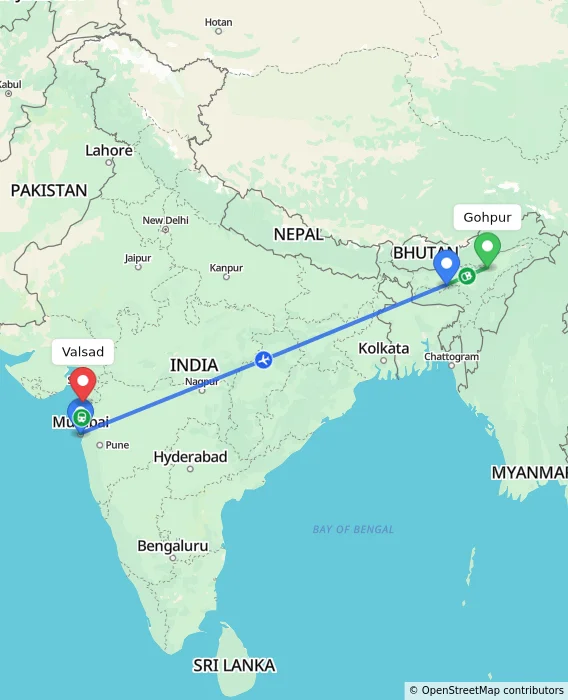 Route map showing distance and travel time from Gohpur, India to Valsad, India