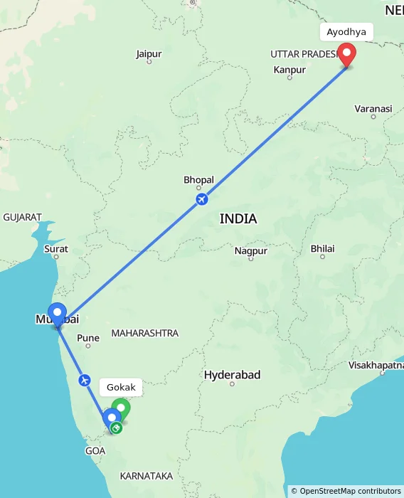 Route map showing distance and travel time from Gokak, India to Ayodhya, India