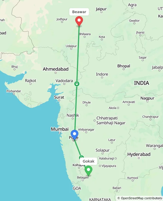 Route map showing distance and travel time from Gokak, India to Beawar, India