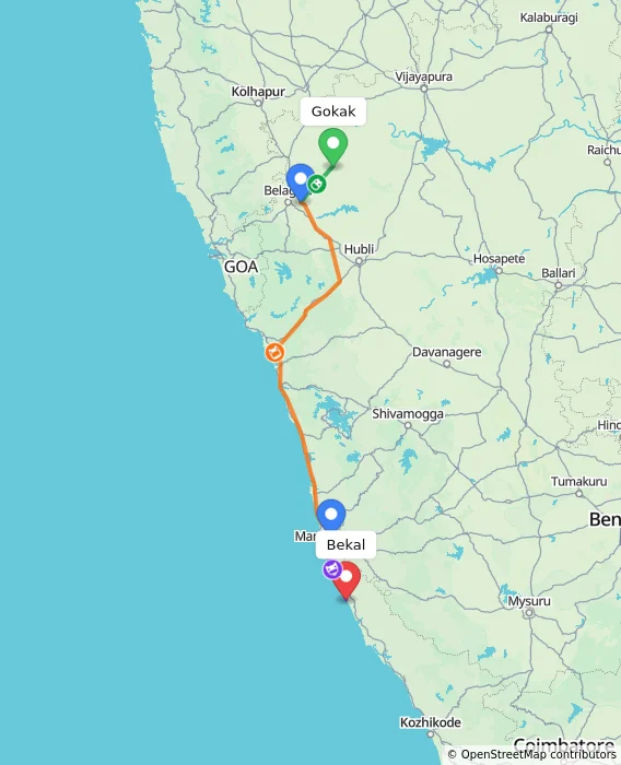 Route map showing distance and travel time from Gokak, India to Bekal, India