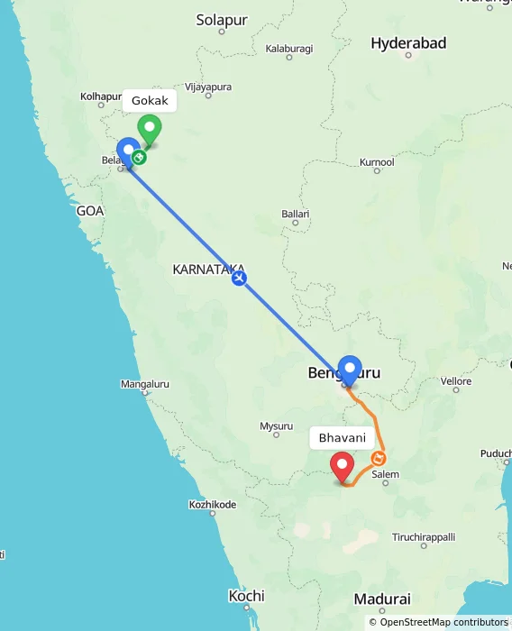 Route map showing distance and travel time from Gokak, India to Bhavani, India