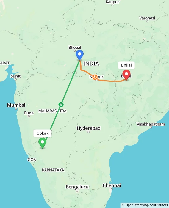 Route map showing distance and travel time from Gokak, India to Bhilai, India