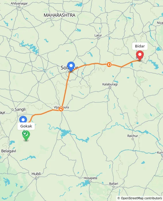 Route map showing distance and travel time from Gokak, India to Bidar, India