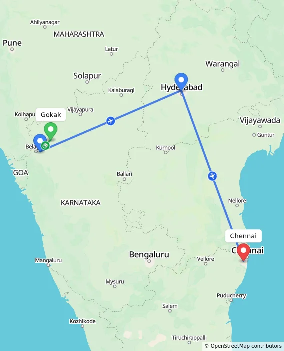 Route map showing distance and travel time from Gokak, India to Chennai, India