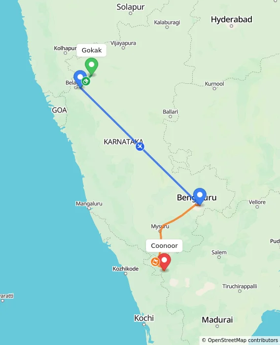 Route map showing distance and travel time from Gokak, India to Coonoor, India