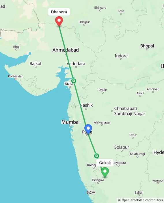 Route map showing distance and travel time from Gokak, India to Dhanera, India
