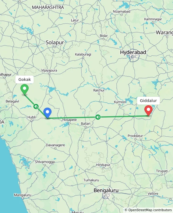 Route map showing distance and travel time from Gokak, India to Giddalur, India