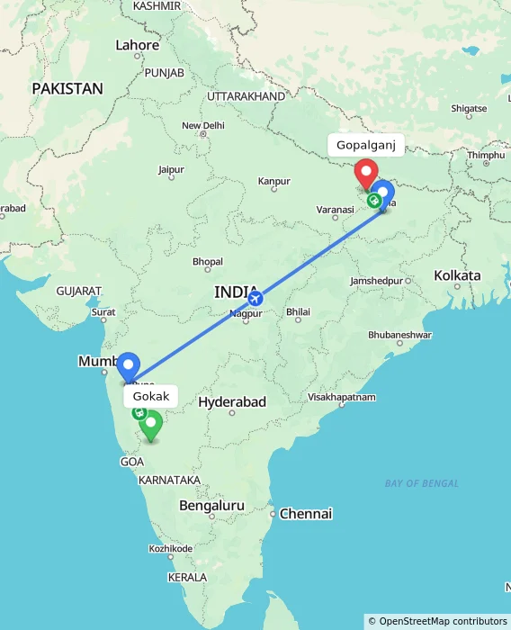 Route map showing distance and travel time from Gokak, India to Gopalganj, India