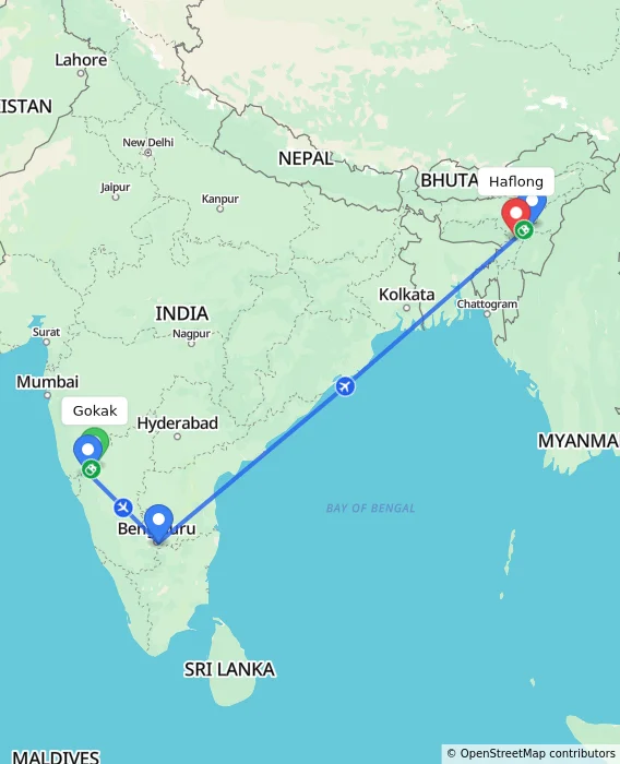 Route map showing distance and travel time from Gokak, India to Haflong, India