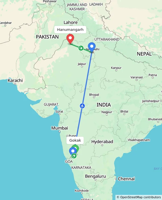 Route map showing distance and travel time from Gokak, India to Hanumangarh, India