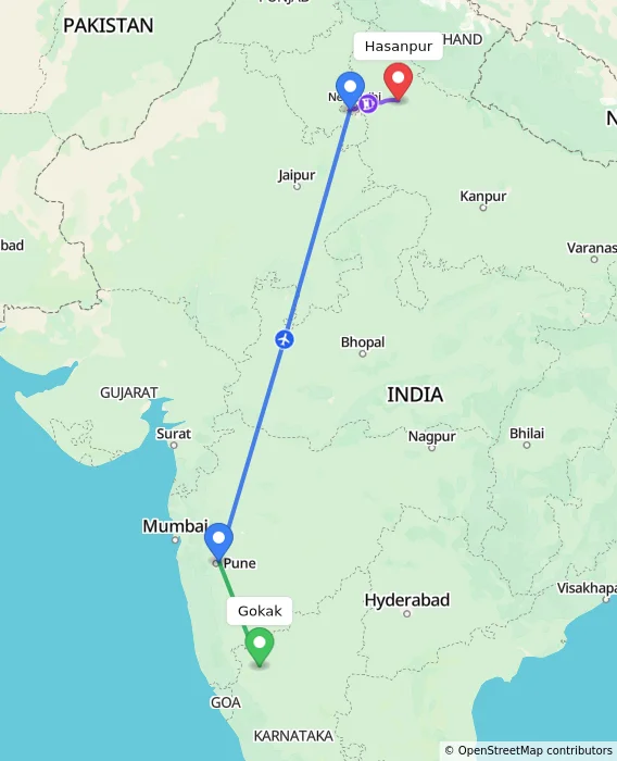Route map showing distance and travel time from Gokak, India to Hasanpur, India