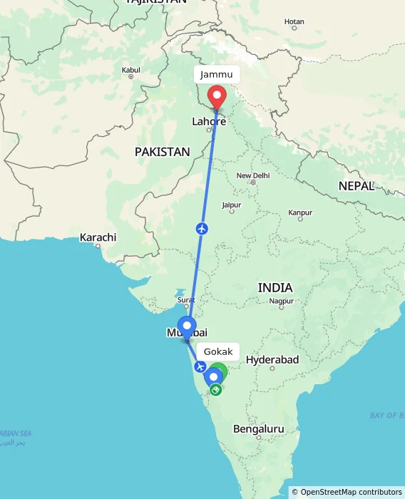 Route map showing distance and travel time from Gokak, India to Jammu, India